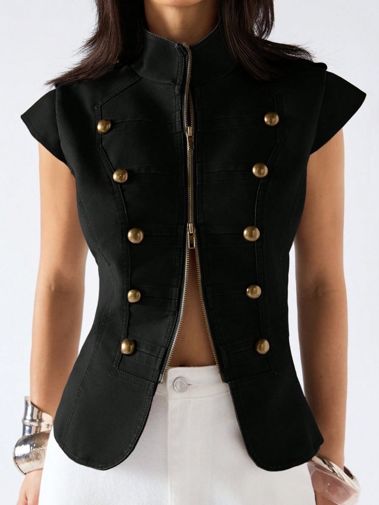 Black Elegant Women's Minimalist Stand Collar Jacket Vest